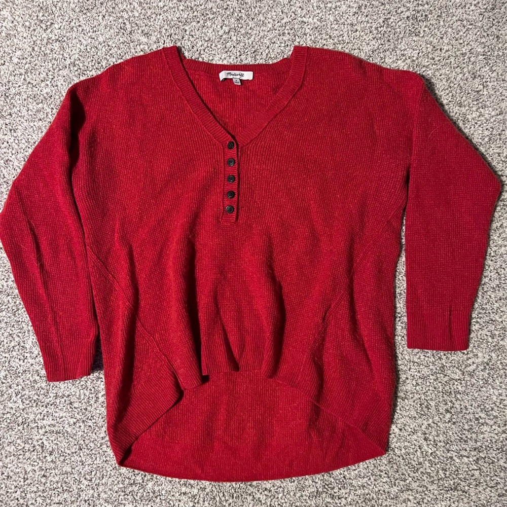 Madewell Vivid Red V-Neck Sweater with Button Detail